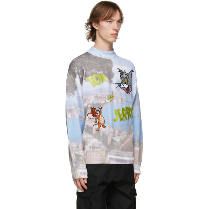 GCDS Grey and Blue Tom and Jerry Edition Napoli Logo Sweater GCDS