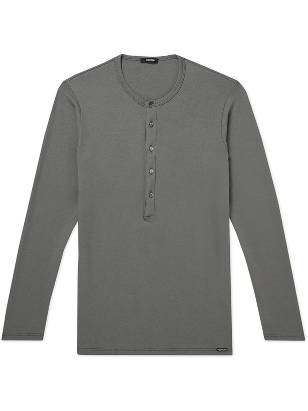 Photo: TOM FORD - Stretch-Cotton Jersey Henley Pyjama T-Shirt - Gray