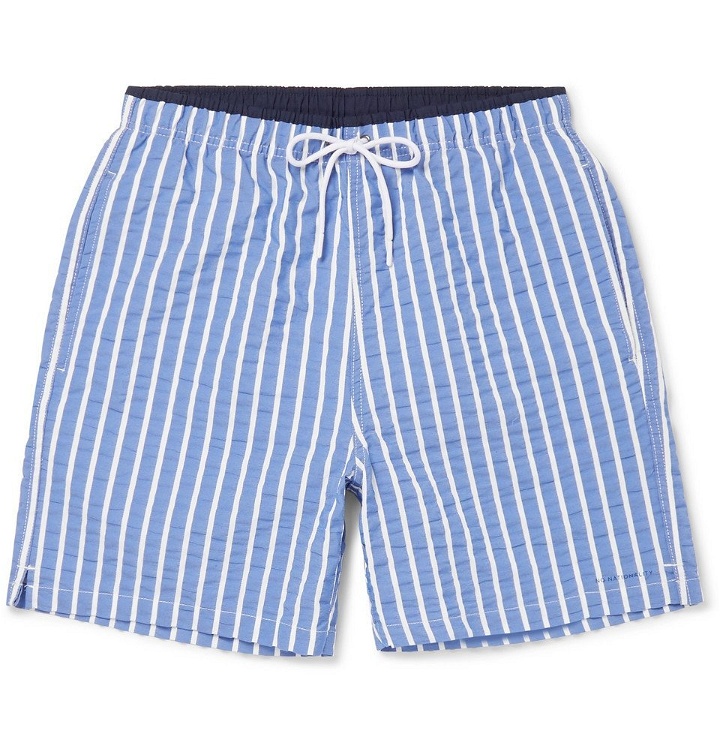 Photo: NN07 - Mid-Length Striped Cotton-Blend Seersucker Swim Shorts - Blue