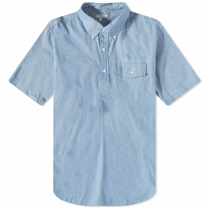 Photo: Engineered Garments Men's Popover Button Down Short Sleeve Shirt in Light Blue Chambray