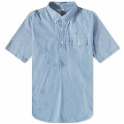 Engineered Garments Men's Popover Button Down Short Sleeve Shirt in Light Blue Chambray