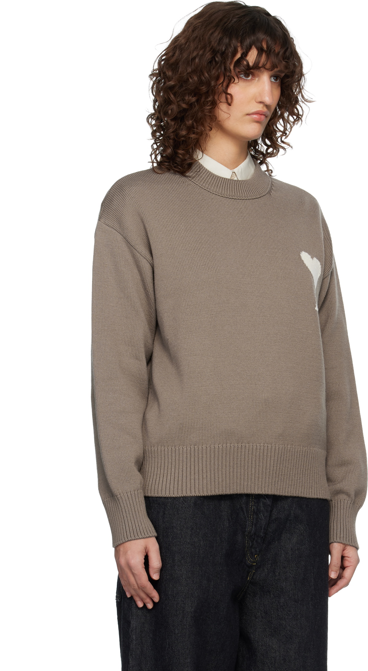 AMI Paris Taupe Wool & Cotton Crewneck Ami de Coeur Sweater