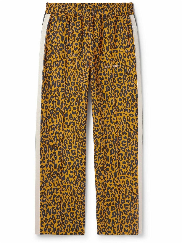 Photo: Palm Angels - Straight-Leg Leopard-Print Striped Linen and Cotton-Blend Jersey Track Pants - Orange