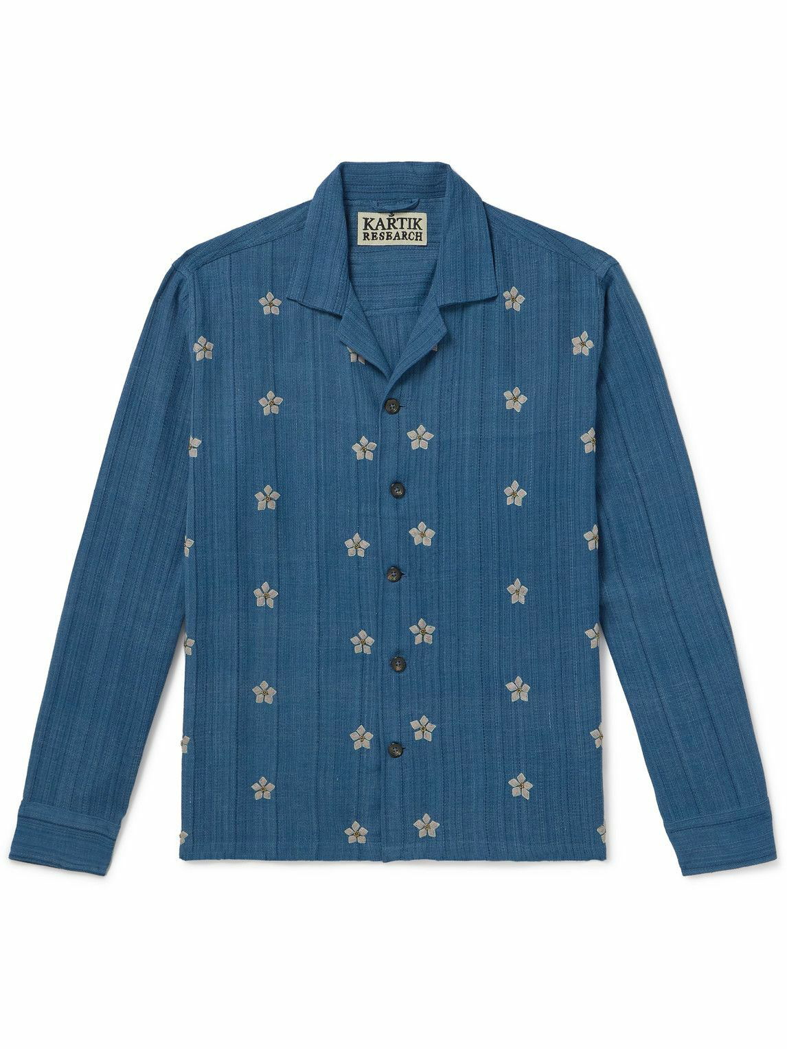 Photo: Kartik Research - Beaded Embroidered Cotton-Jacquard Shirt - Blue