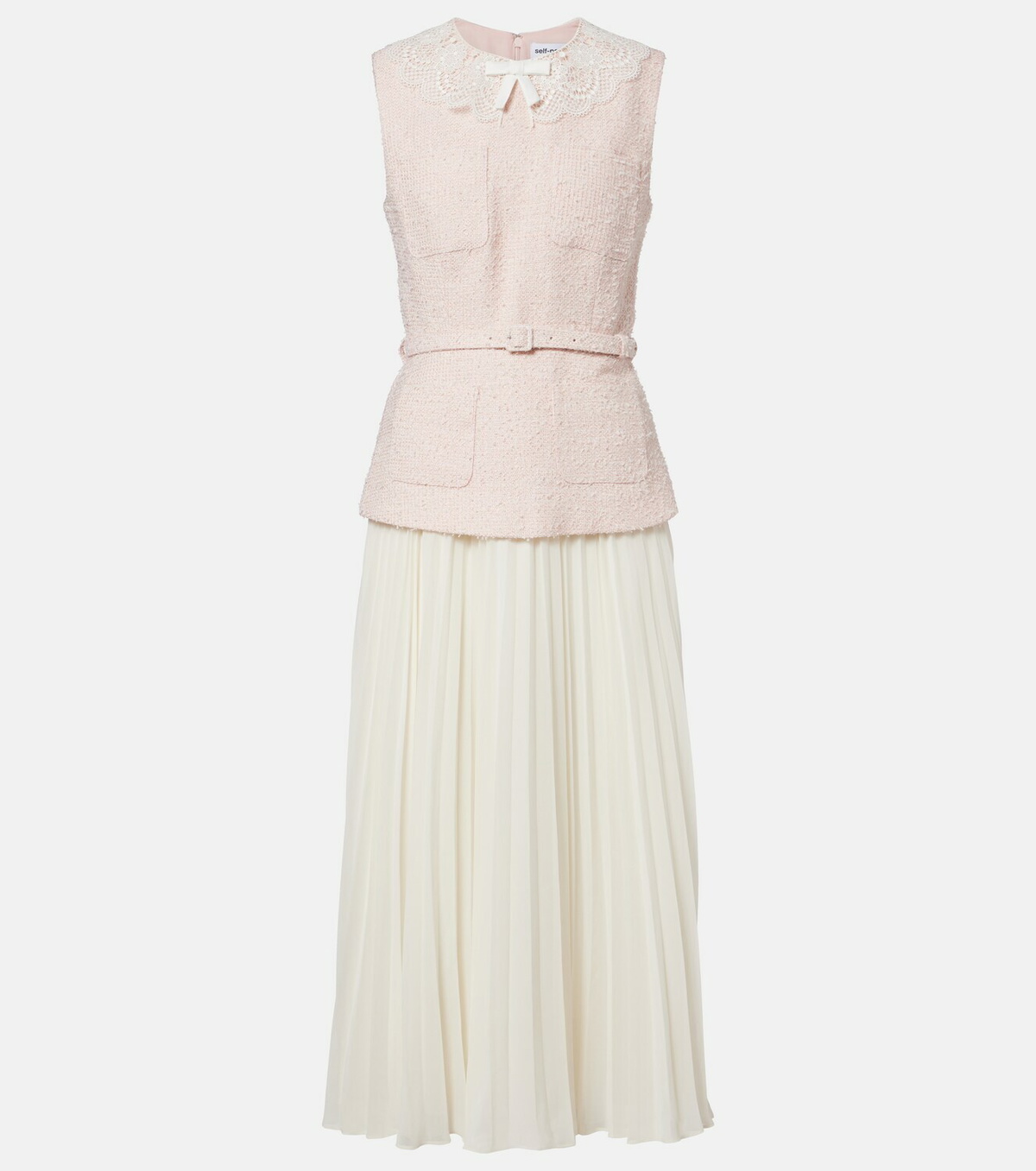 Self-Portrait Belted pleated bouclé and chiffon midi dress
