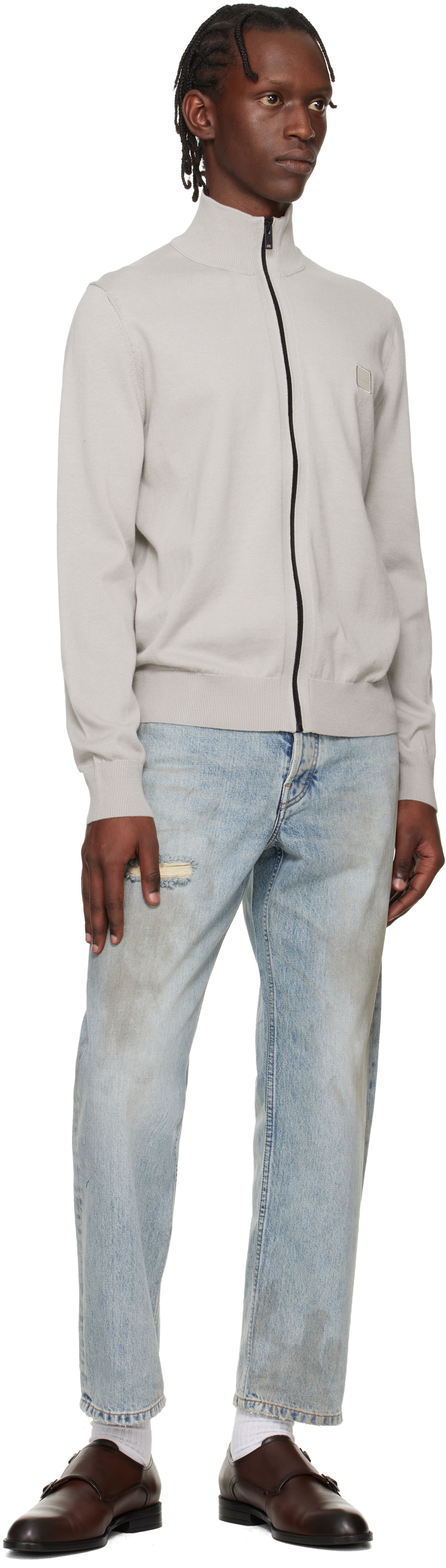 BOSS Gray Cotton Cashmere Knitted Logo Patch Sweatshirt