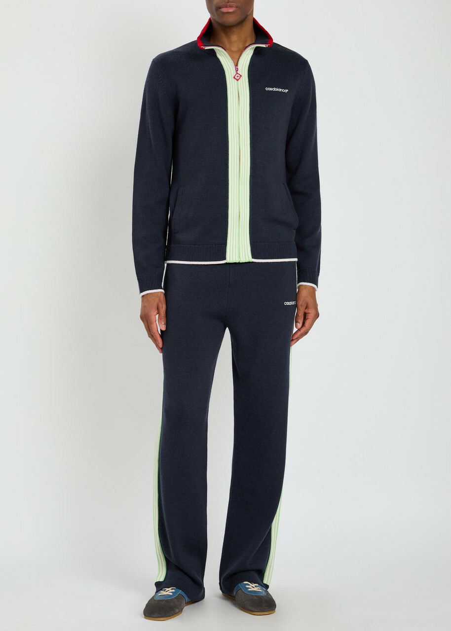 Casablanca Logo-embroidered Fine-knit Wool Track Jacket Navy