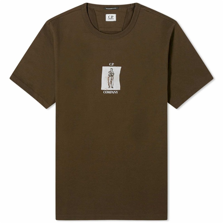 Photo: C.P. Company Men's 30/2 Mercerized Jersey Twisted Graphic T-Shirt in Ivy Green