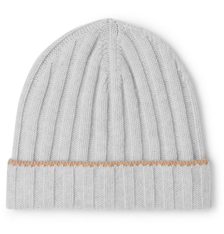 Photo: Brunello Cucinelli - Contrast-Tipped Ribbed Cashmere Beanie - Gray