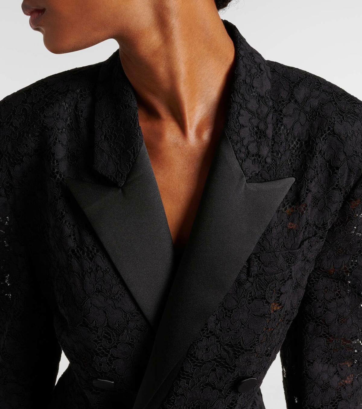 Saint Laurent Satin-trimmed guipure lace tuxedo jacket Saint