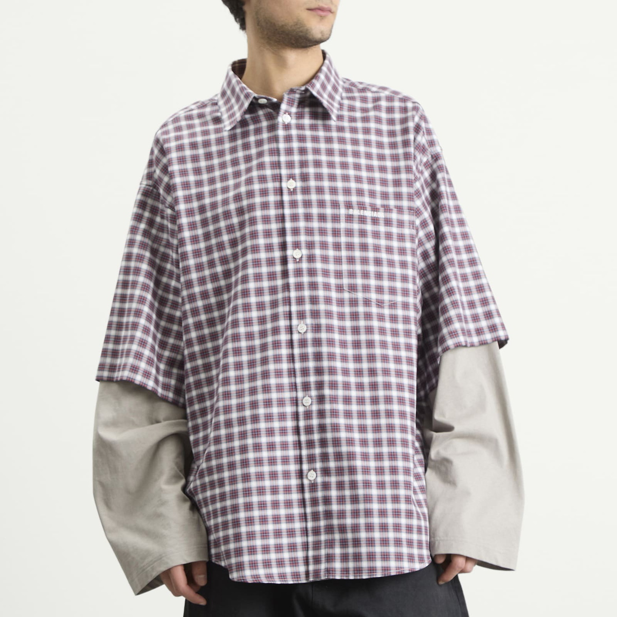Balenciaga Men's Check Poplin Double Layer Shirt in Red/Navy