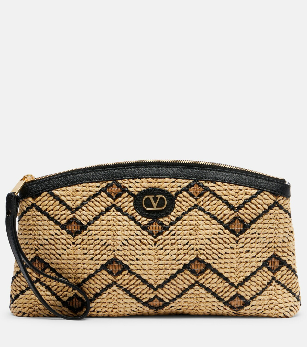 Valentino Garavani VLogo Small leather-trimmed raffia pouch