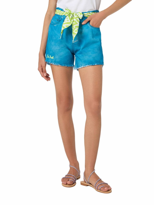 Photo: MC2 Saint Barth Woman Upcycled Turquoise Denim Shorts Arizona With Embroidery