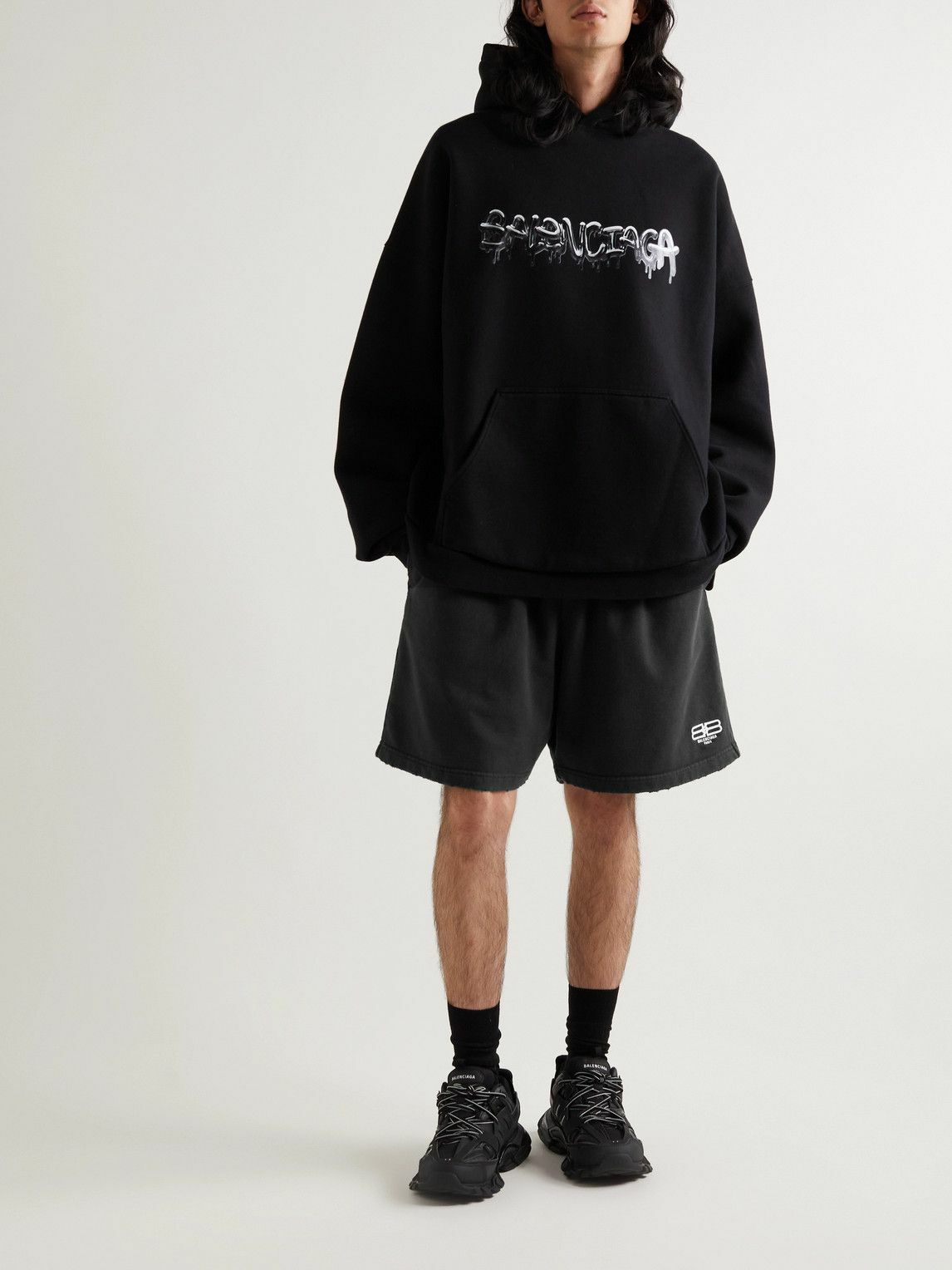 パンツ BALENCIAGA BB Paris Distressed Shorts Balenciaga - BB Paris Wide-Leg Distressed Organic Cotton