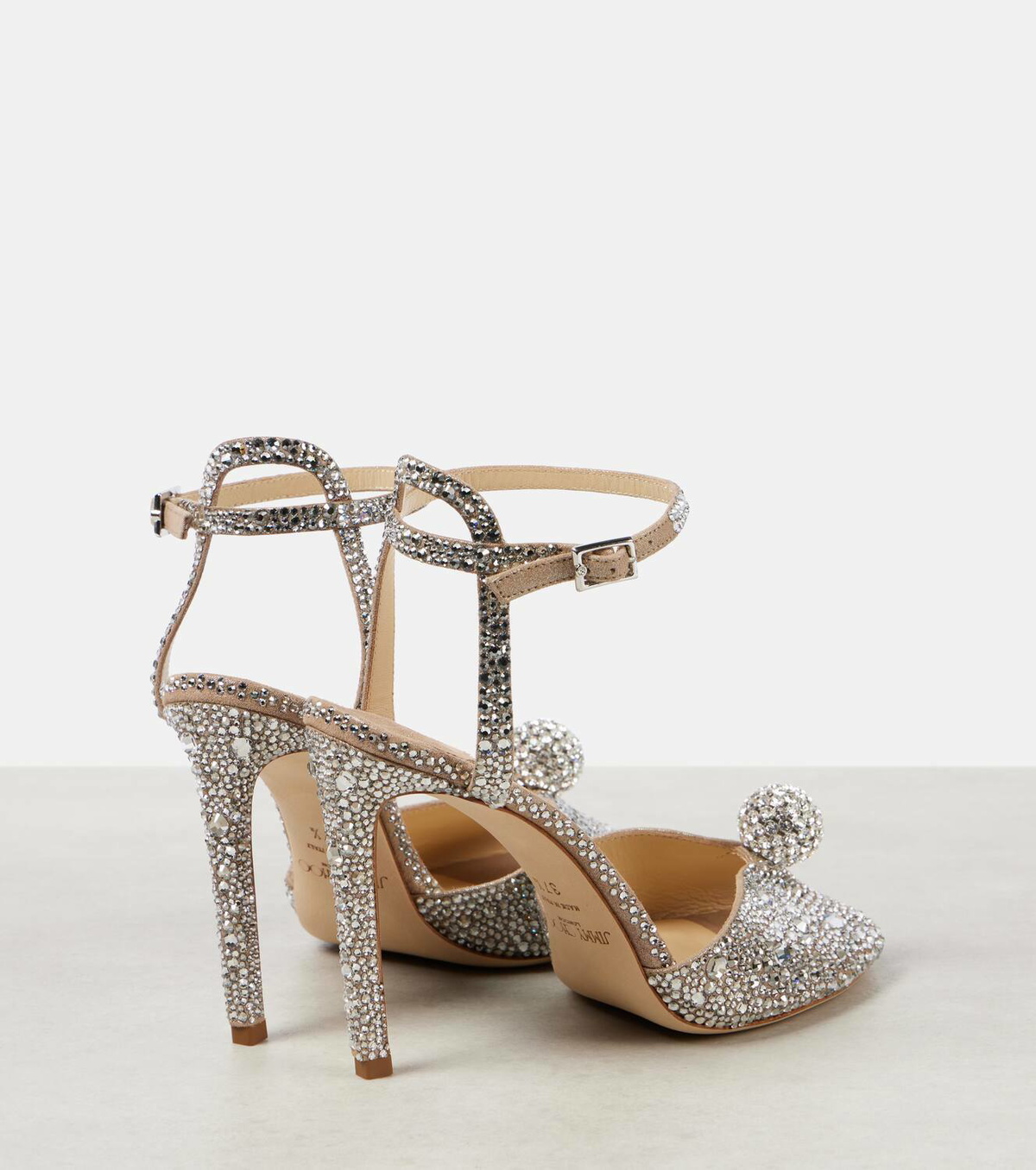JIMMY CHOO Sacora 100 ホットフィックス クリスタル スフィア Nude Suede Sandals with Hotfix Crystals and Sphere Detail