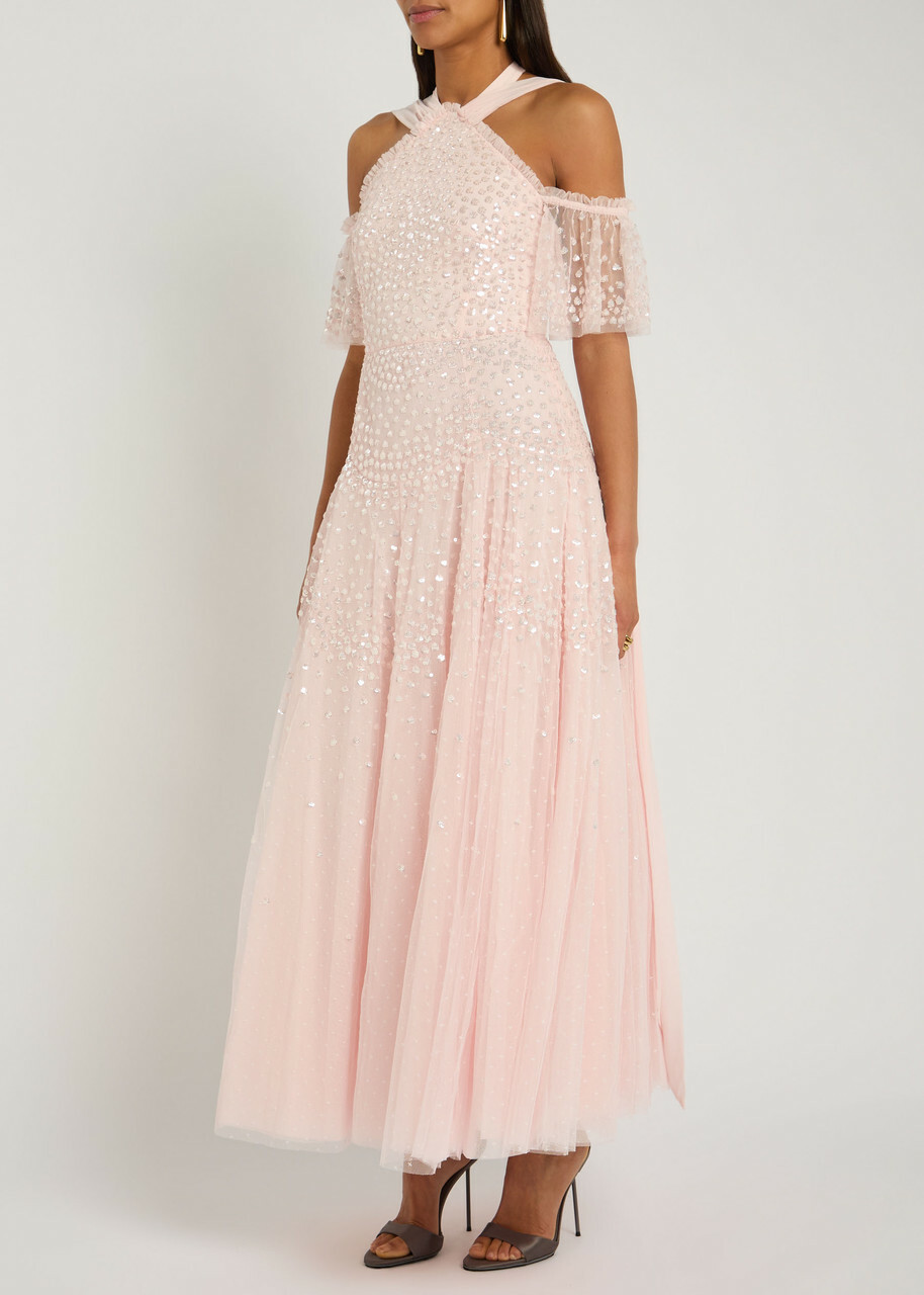 Needle & Thread Sequin-embellished Halterneck Tulle Gown Light Pink