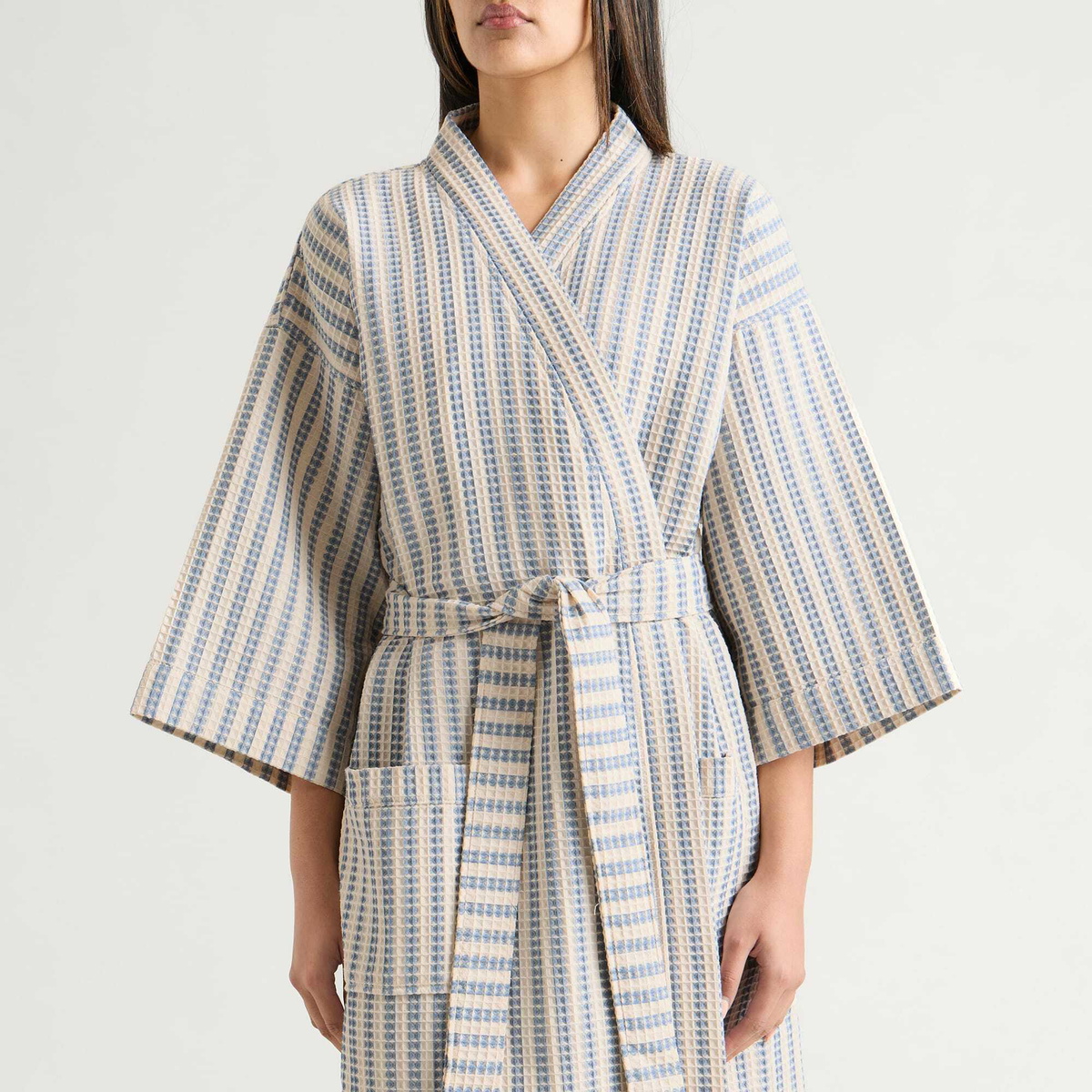 HAY Waffle Bathrobe in Stripe Dusty Blue