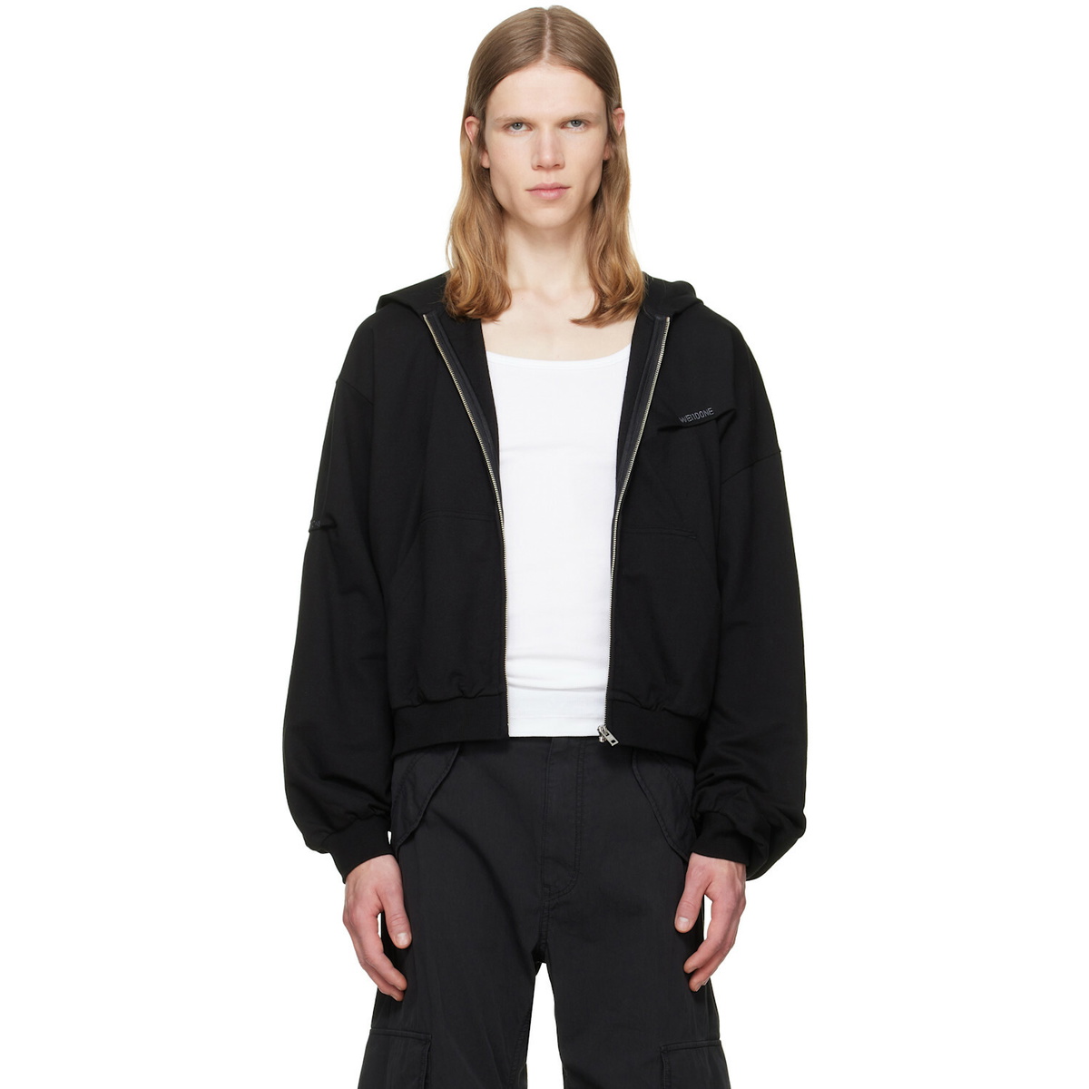 We11done Black Logo Pin-Tucked Zip-Up Hoodie