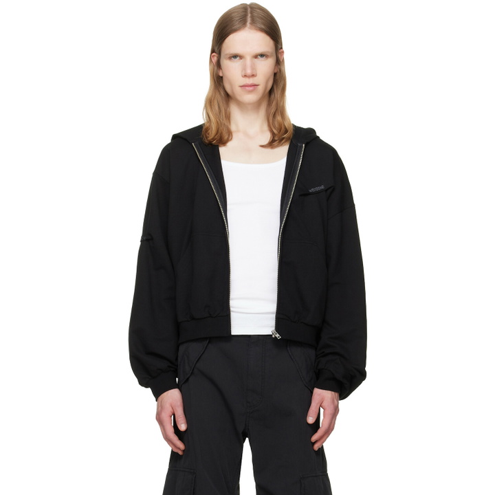Photo: We11done Black Logo Pin-Tucked Zip-Up Hoodie