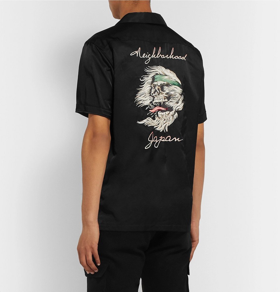 Neighborhood Camp Collar Embroidered Satin Shirt Black