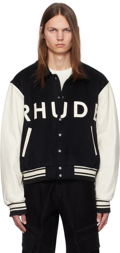 Photo: Rhude Black & Off-White Collegiate Bomber Jacket