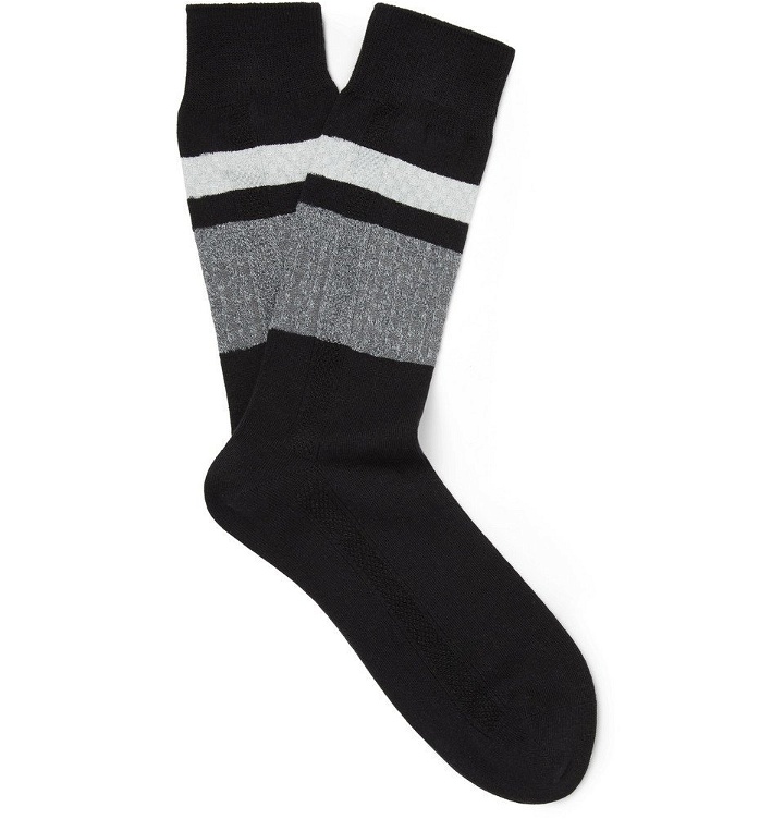 Photo: N/A - Striped Stretch Cotton-Blend Socks - Black