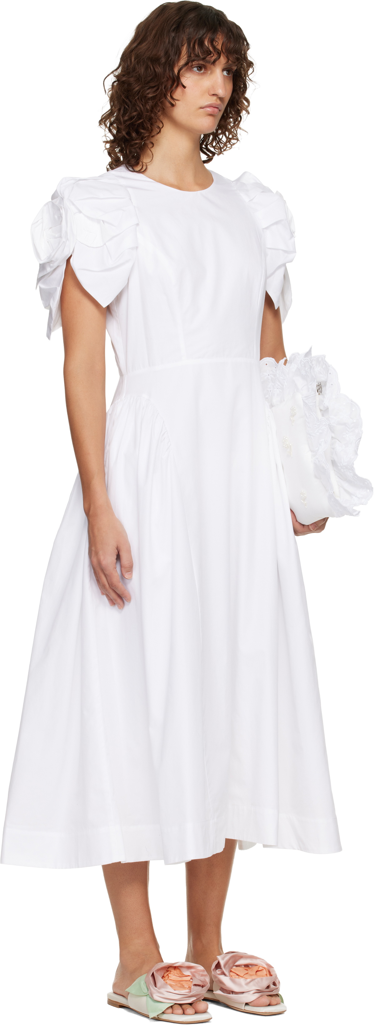 Simone Rocha White Rose Puff Sleeve Hip Midi Dress