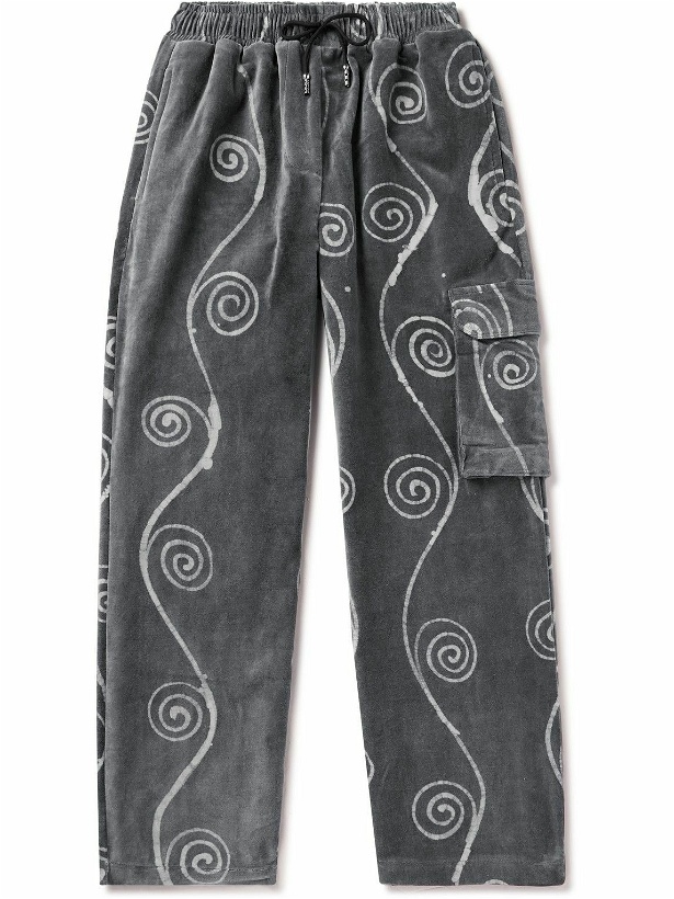 Photo: Post-Imperial - Ikeja Wide-Leg Printed Cotton-Velvet Drawstring Trousers - Gray