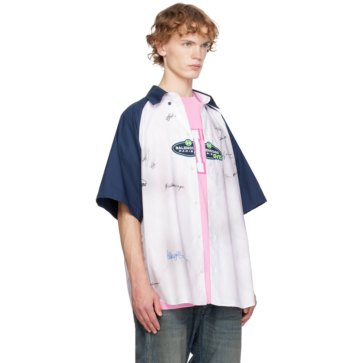 Balenciaga White & Navy Logos S/S Raglan Shirt