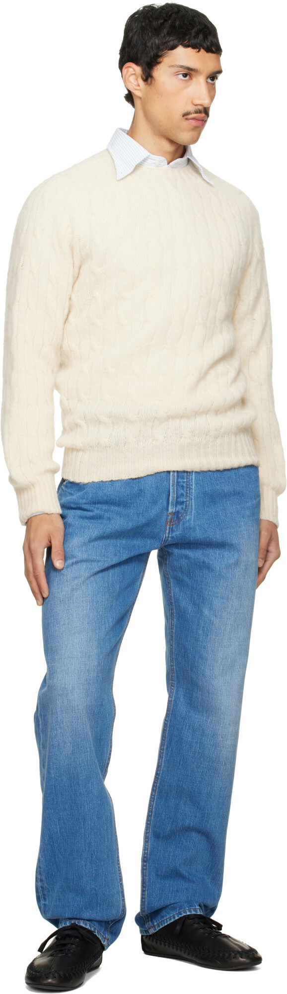 Drake's Off-White Brushed Shetland Cable Knit Sweater