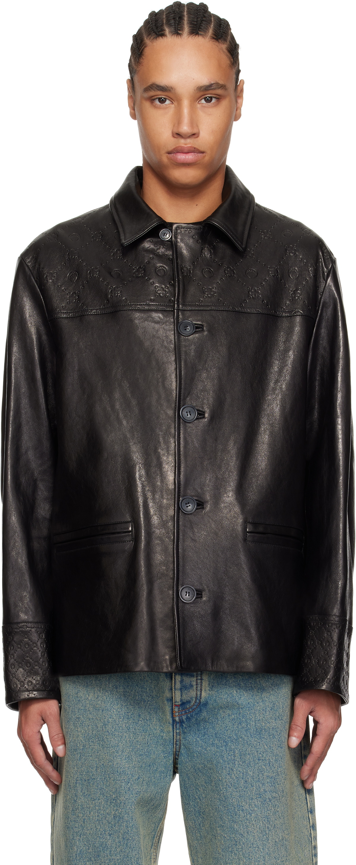 Marine Serre Black Monogram Embossed Boxy Leather Jacket