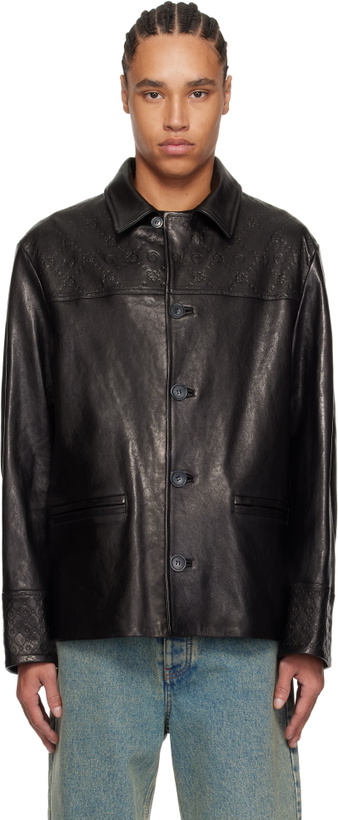 Photo: Marine Serre Black Monogram Embossed Boxy Leather Jacket