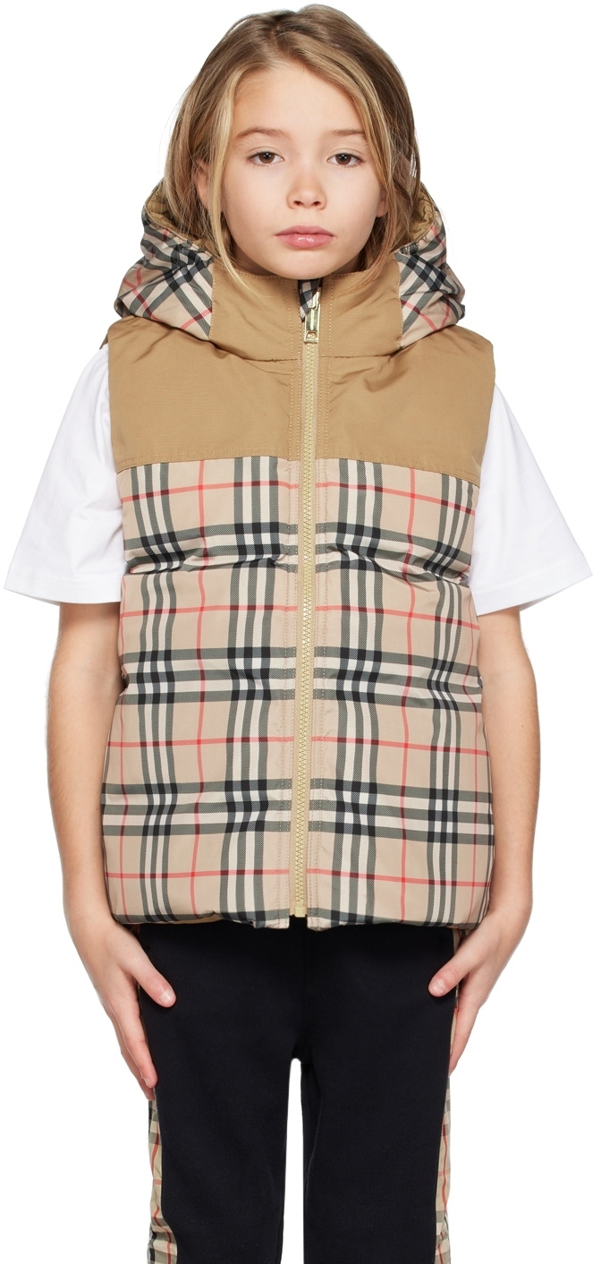 Burberry Kids Beige Vintage Check Reversible Down Vest Burberry