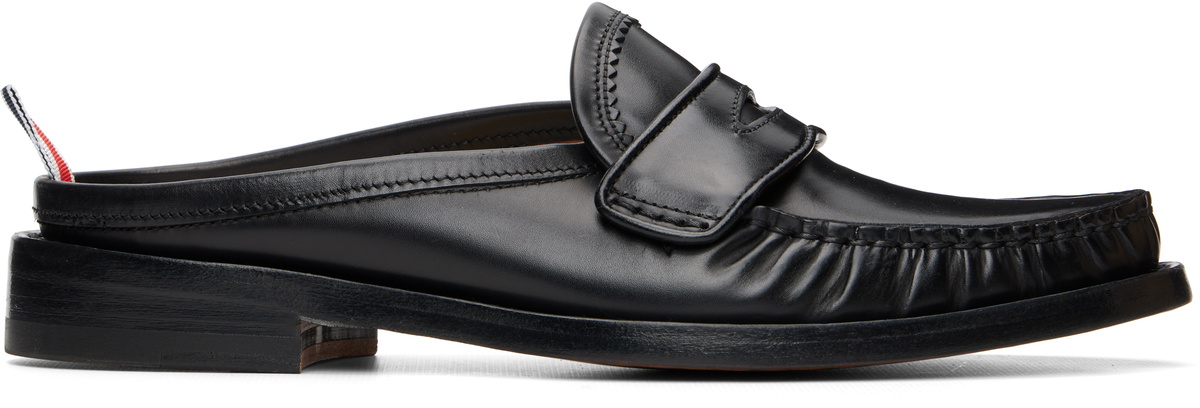 Thom Browne Black Calf Flexible Leather Mule Penny Loafers