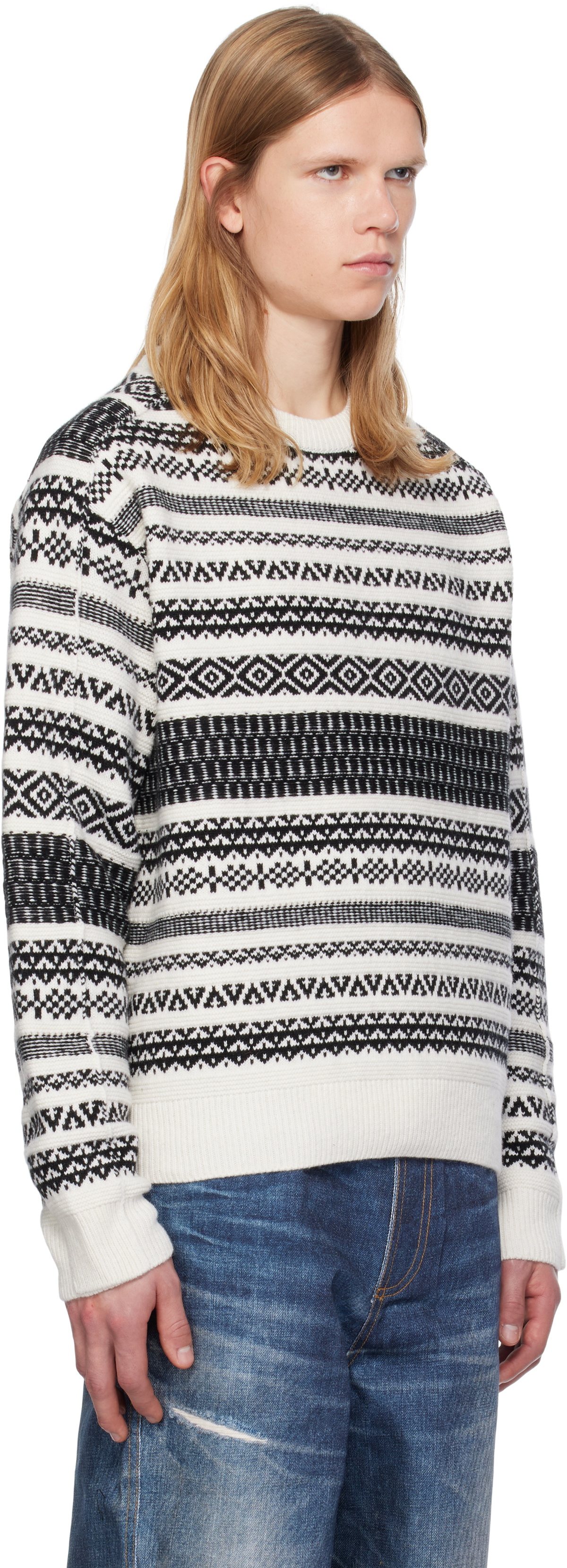 Andersson Bell White & Black Nordic Crewneck Sweater