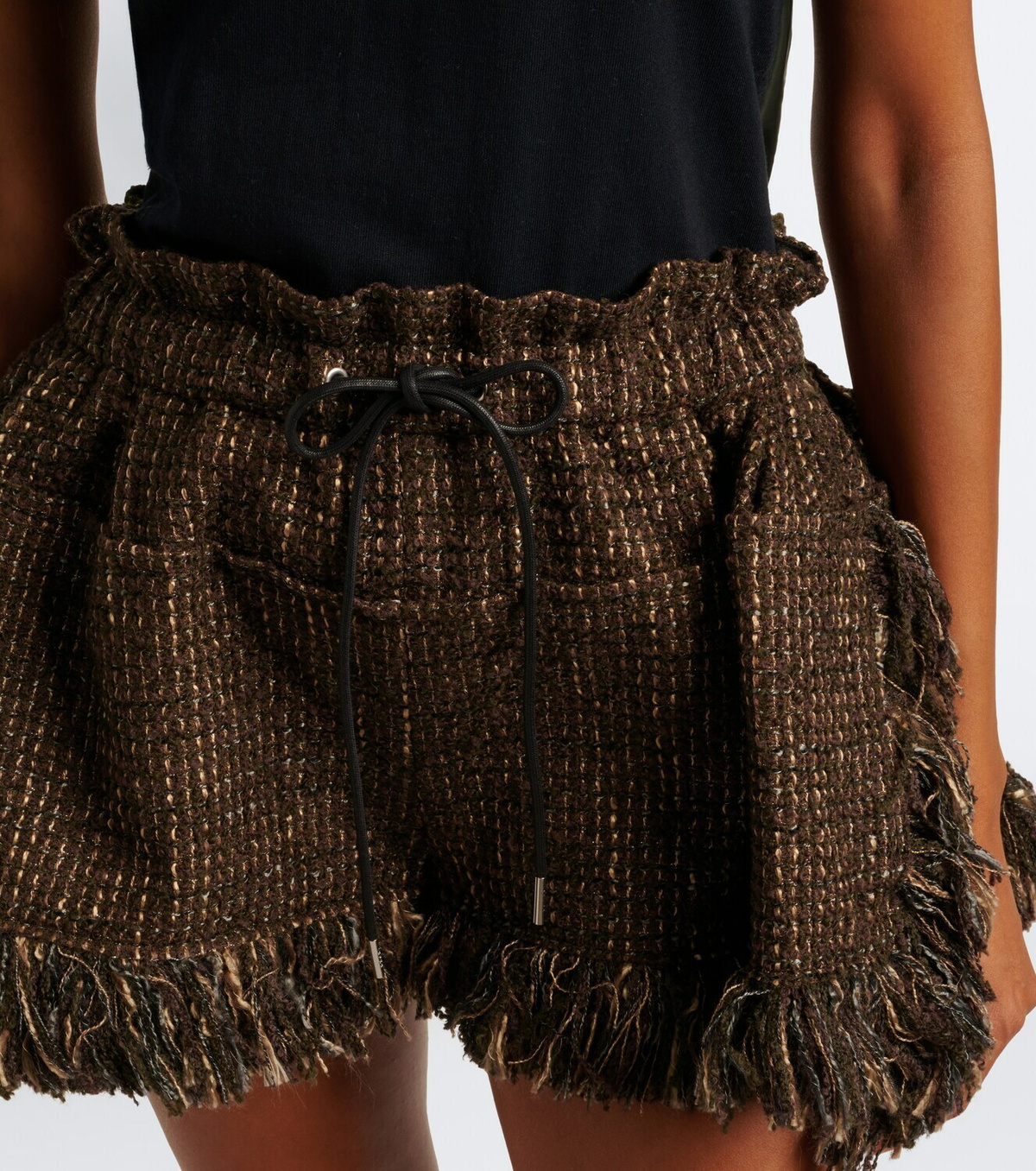 Sacai Fringed wool-blend tweed shorts