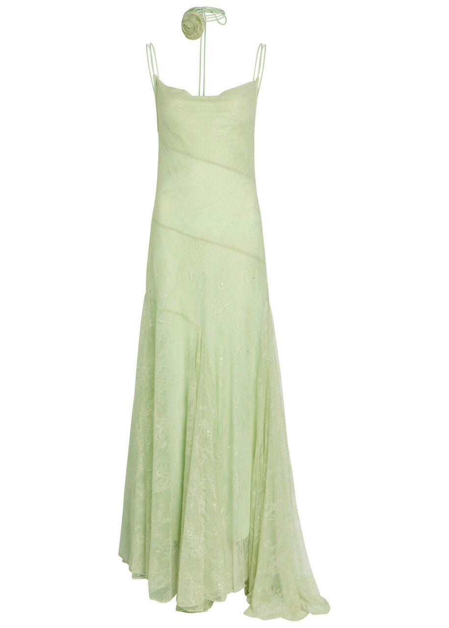 DE LA Vali Calima Asymmetric Lace Maxi Dress Light Green