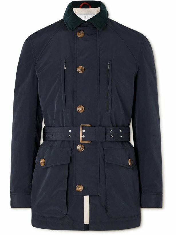 Photo: Brunello Cucinelli - Cotton-Corduroy Trimmed Belted Padded Shell Jacket - Blue