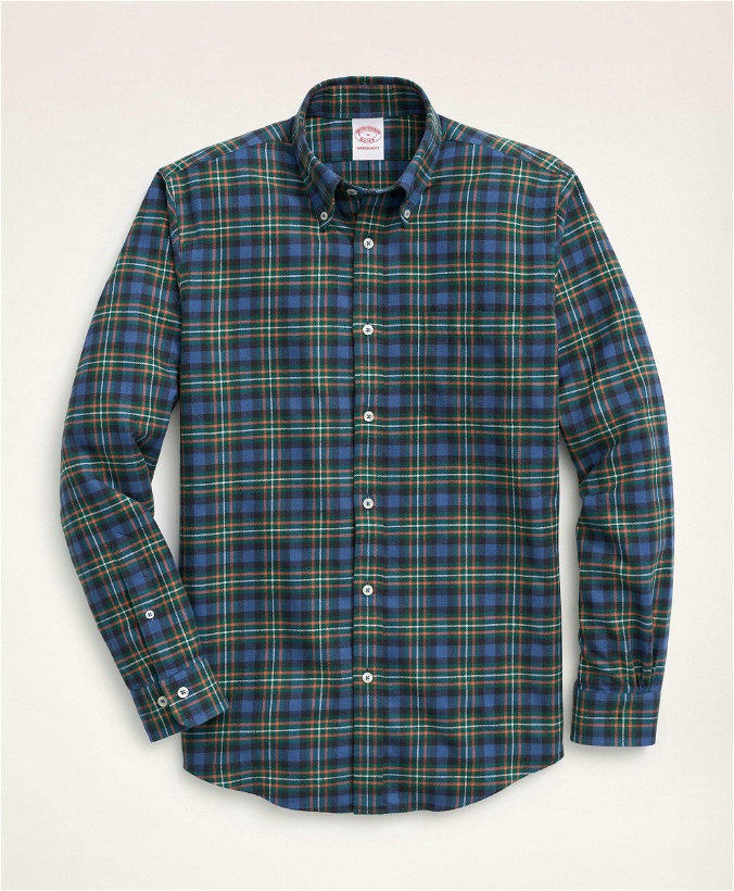 Photo: Brooks Brothers Men's Madison Relaxed-Fit Portuguese Flannel Tartan Shirt | Navy