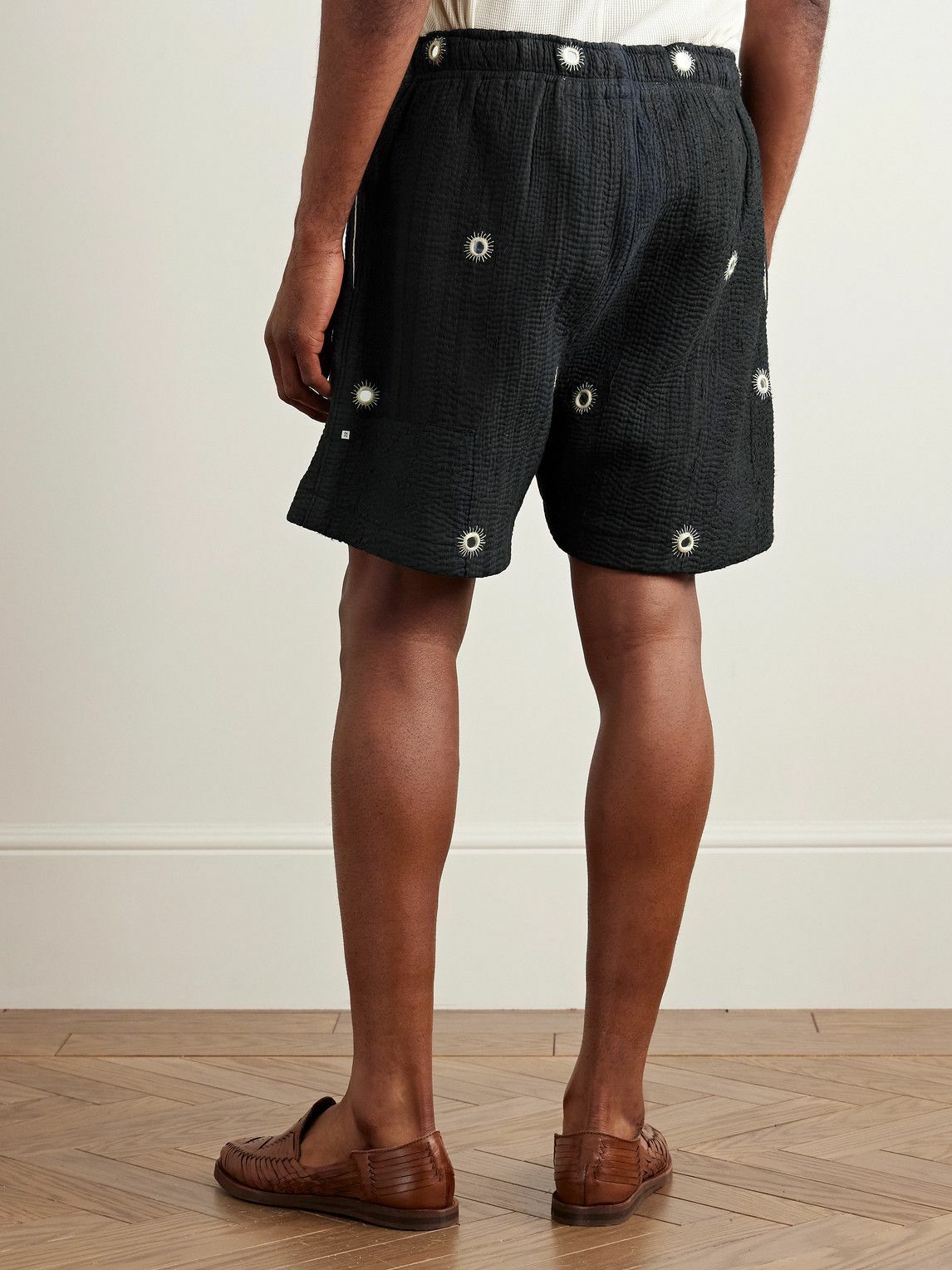Kartik Research - Straight-Leg Embellished Kantha Cotton Drawstring Shorts - Black