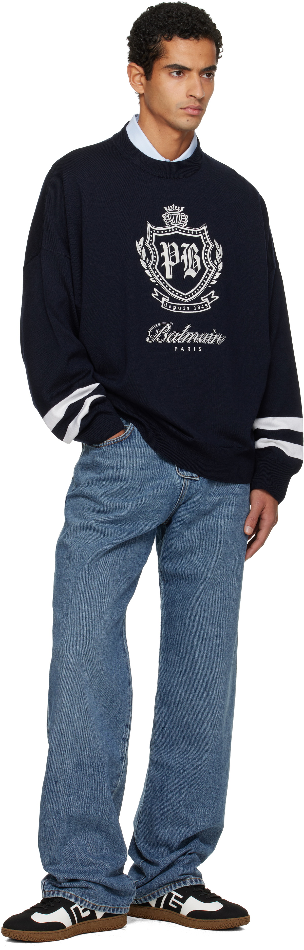 Balmain Navy College Emblem Knit Sweater