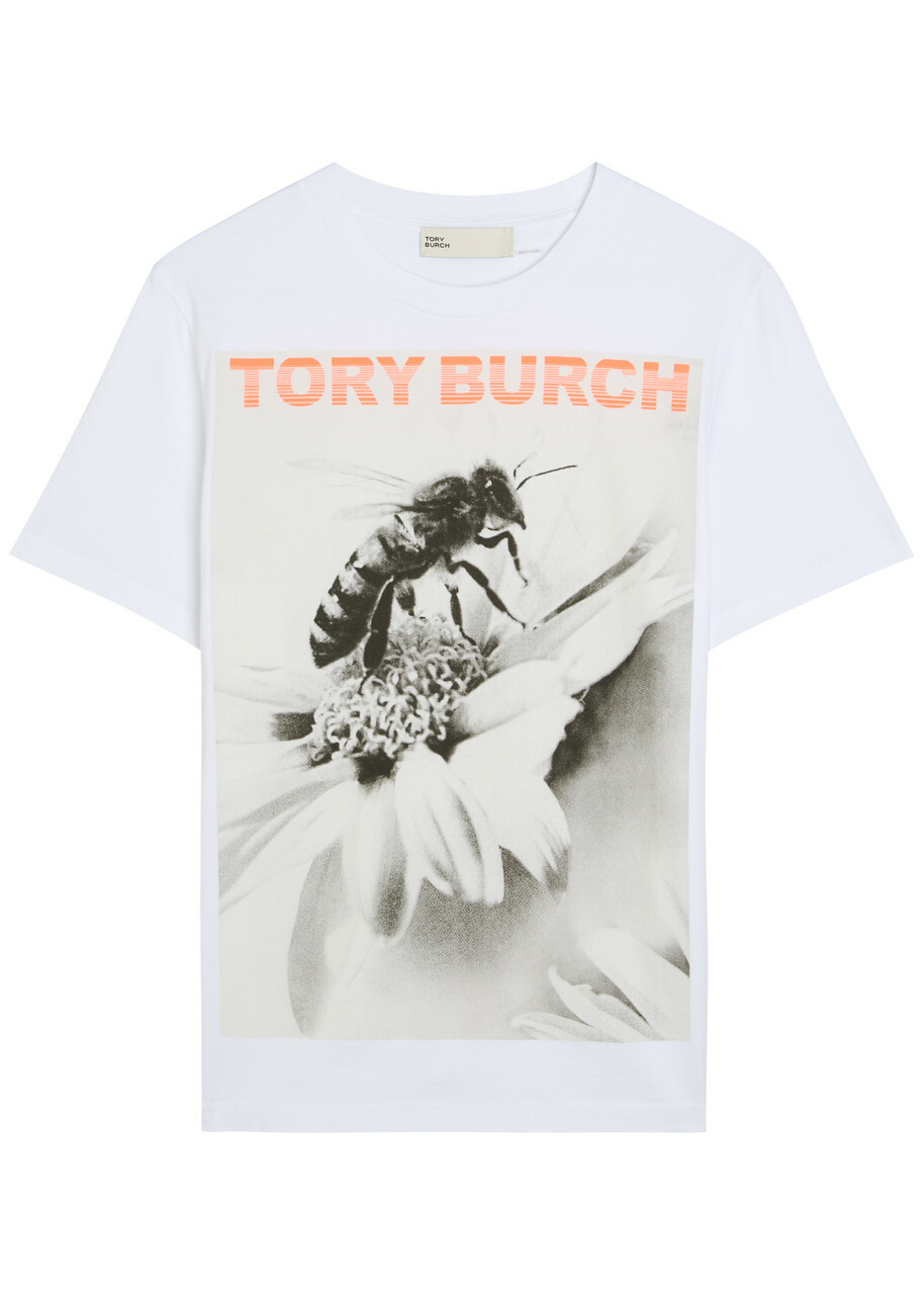 Tory Burch Printed Cotton T-shirt White And Grey