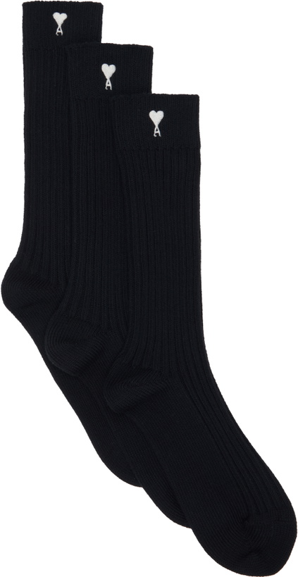 Photo: AMI Paris Three-Pack Black Ami De Coeur Socks