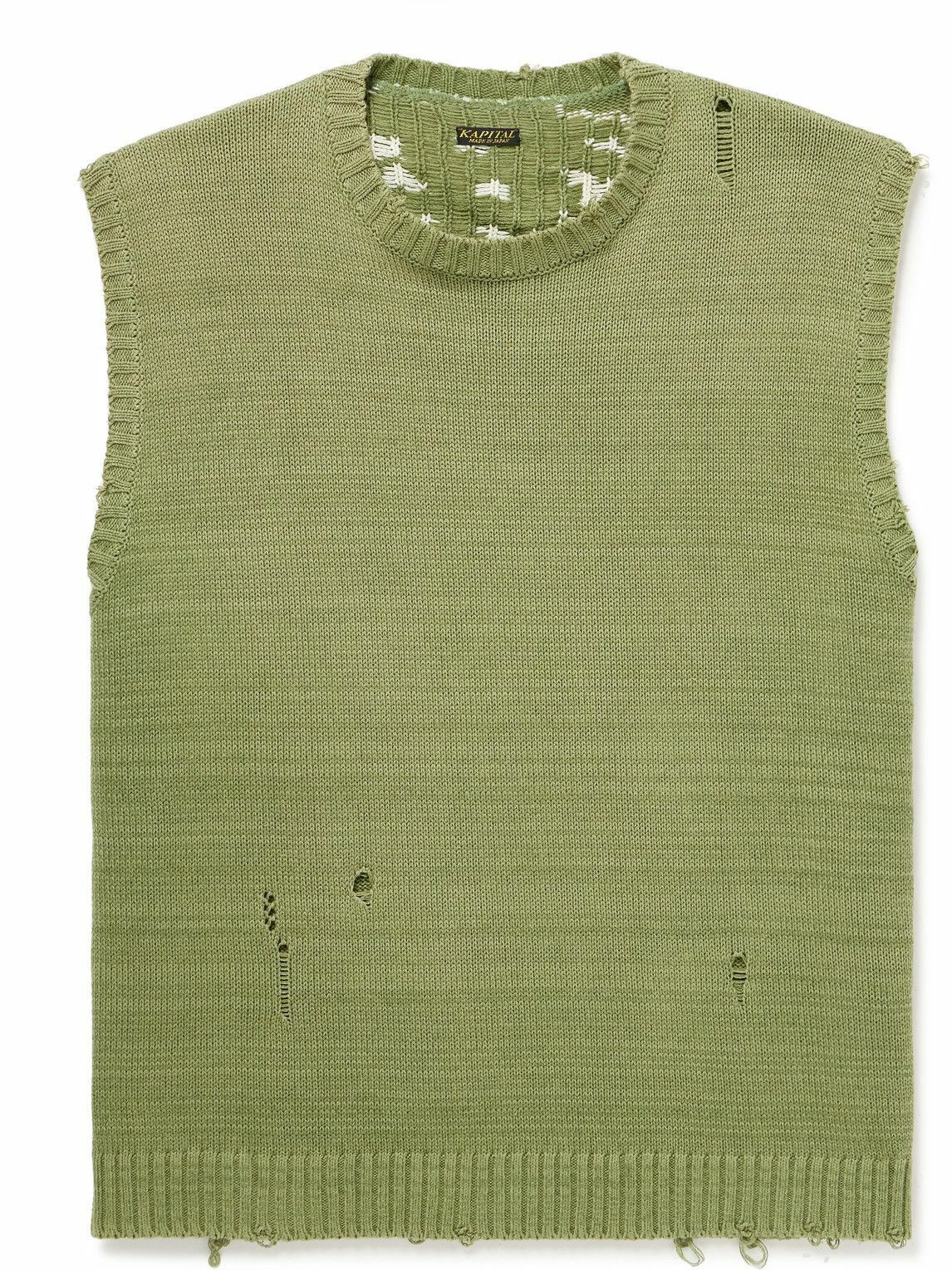 KAPITAL - DistressedJacquard-Knit Sweater Vest - Green KAPITAL