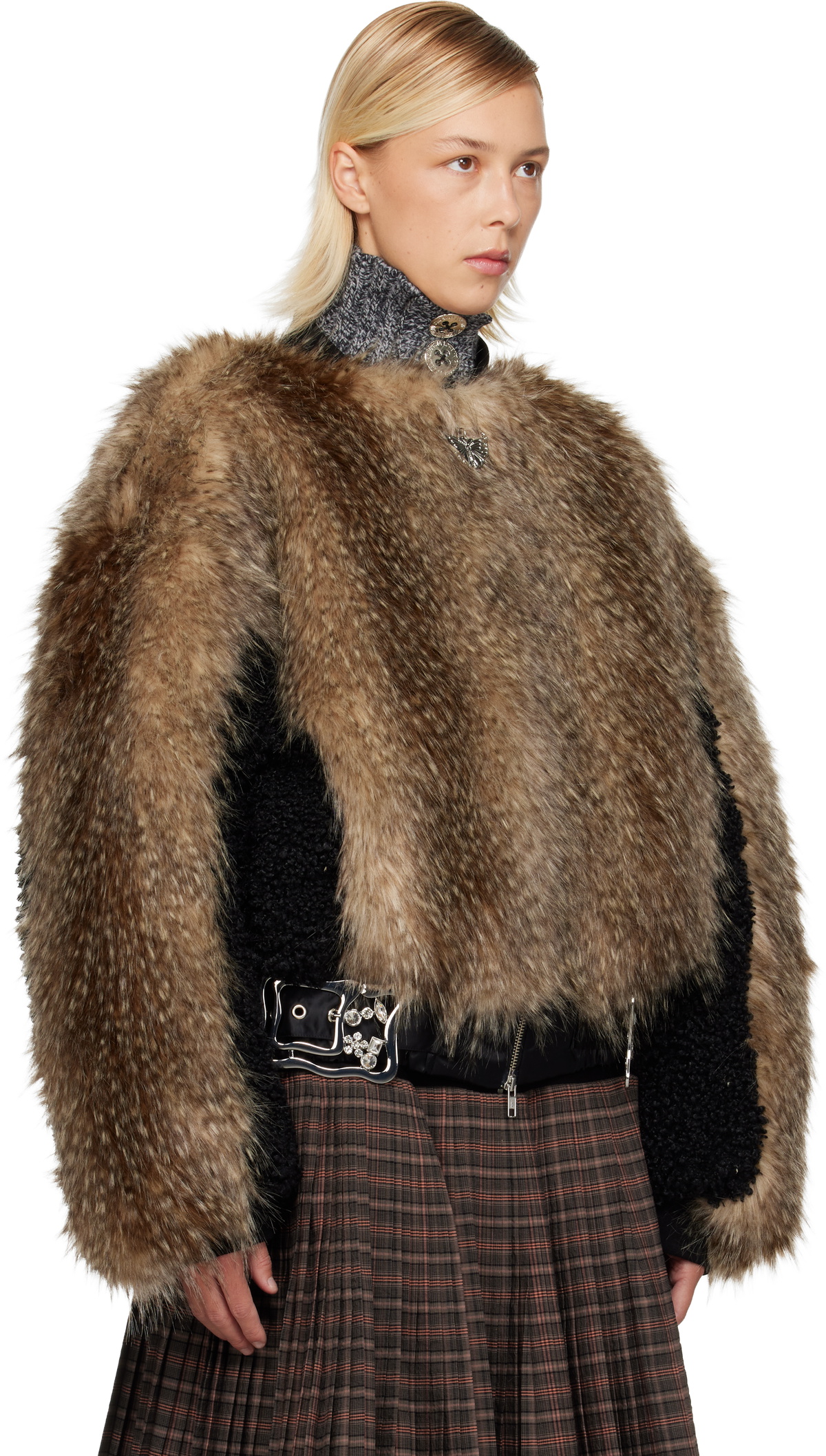 Chopova Lowena Black & Beige French Kiss Faux-Fur Bomber Jacket