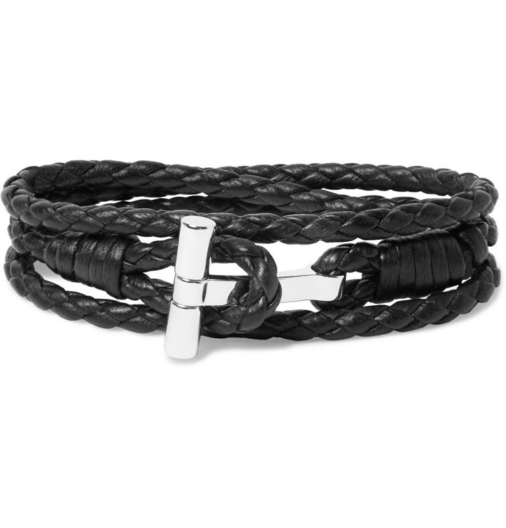 Photo: TOM FORD - Woven Leather and Palladium-Plated Wrap Bracelet - Men - Black