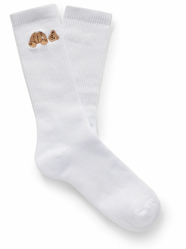 Photo: Palm Angels - Embroidered Ribbed Cotton-Blend Socks - White
