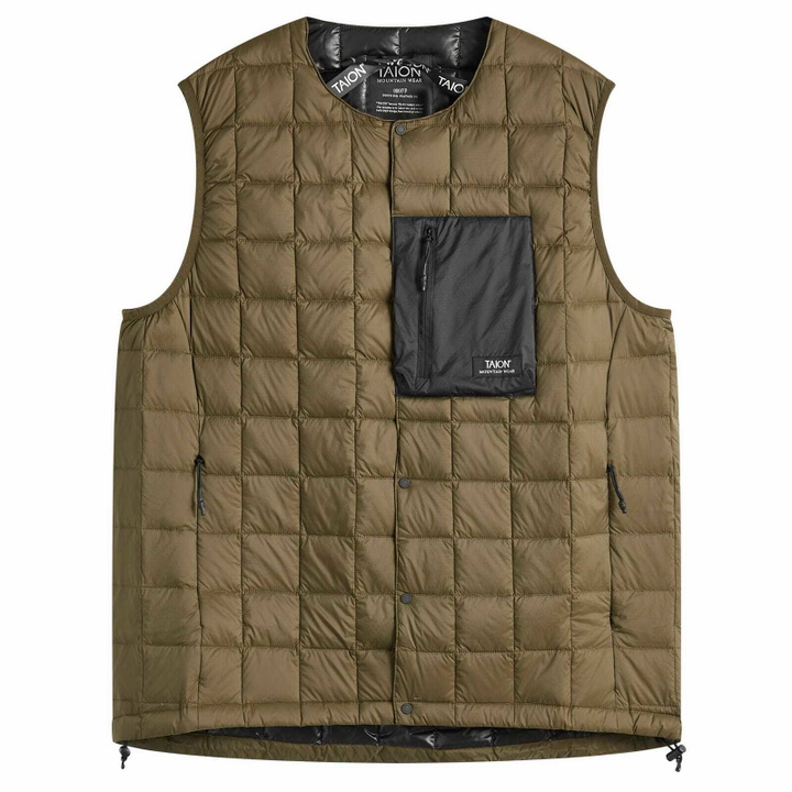 Photo: Taion Men's Mountain Crew Neck Light Down Vest in Dark Olive