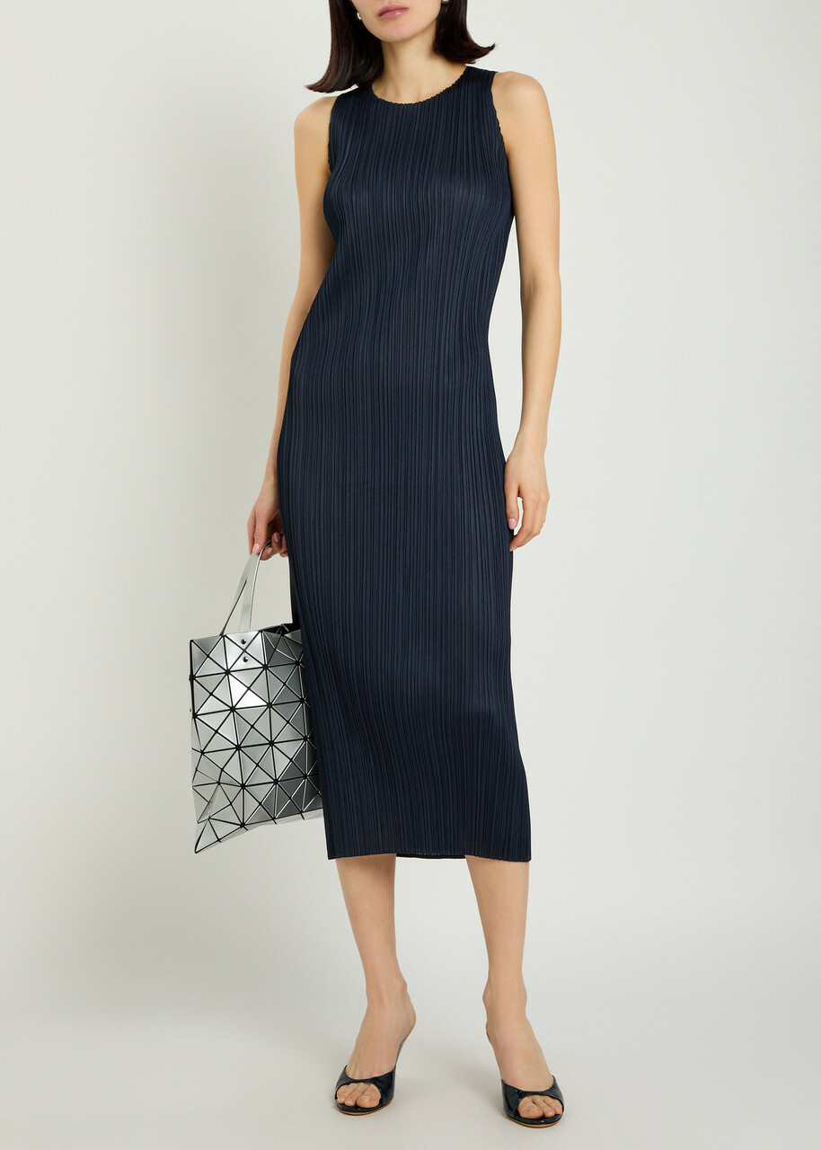 Pleats Please Issey Miyake Pleated Woven Midi Dress Navy
