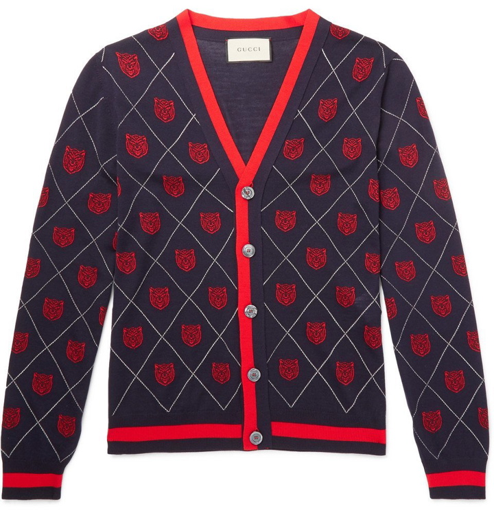 Photo: Gucci - Slim-Fit Webbing-Trimmed Wool-Jacquard Cardigan - Men - Navy